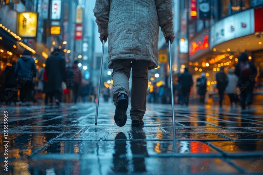 Fototapeta premium A person with crutches navigates a shiny, rain-soaked street filled with vibrant lights and a lively crowd during a busy evening in the city Generative AI