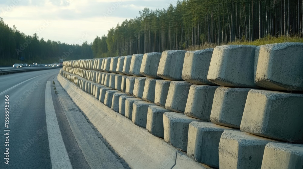Fototapeta premium Highway embankment reinforced with concrete retaining walls, preventing soil erosion and landslides.