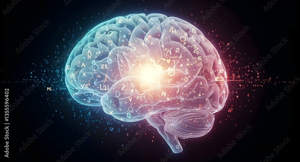 Obraz premium Mind's Insight: An illustration of human brain, representing intelligence, thoughts, and consciousness, illuminated with bright lights.