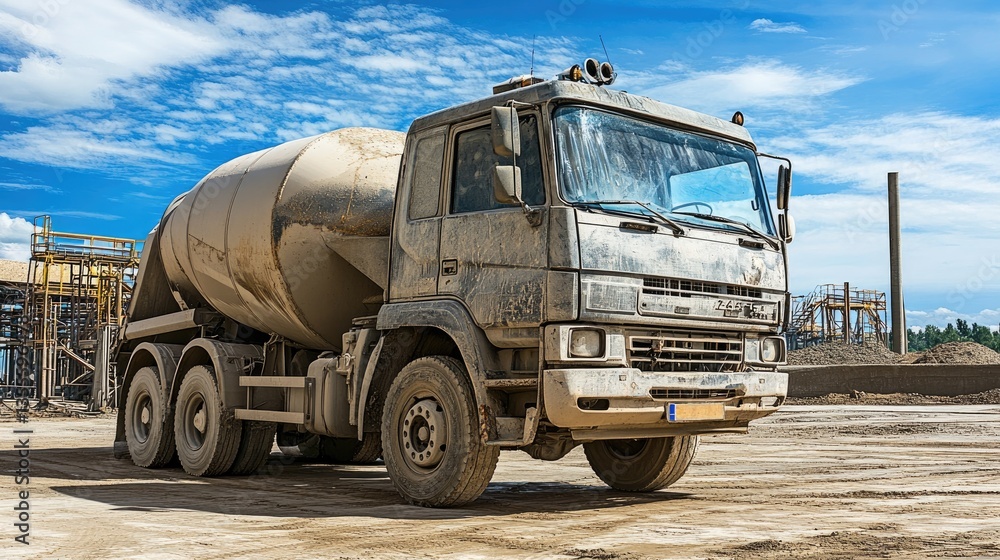 Obraz premium Industrial shot of a large cement truck parked at a batching plant, symbolizing large-scale concrete supply.