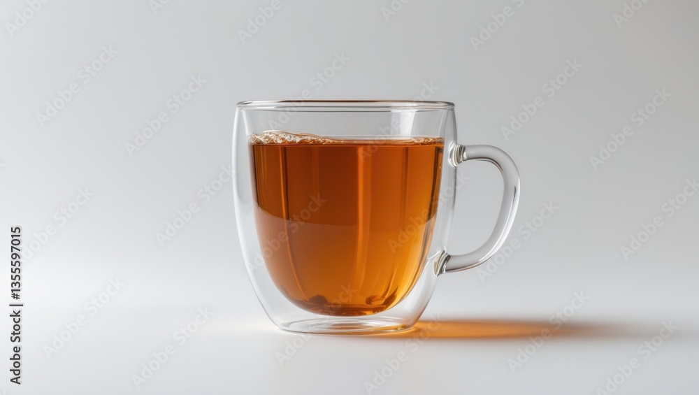 Brewed black tea in a transparent glass cup isolated against a white background.