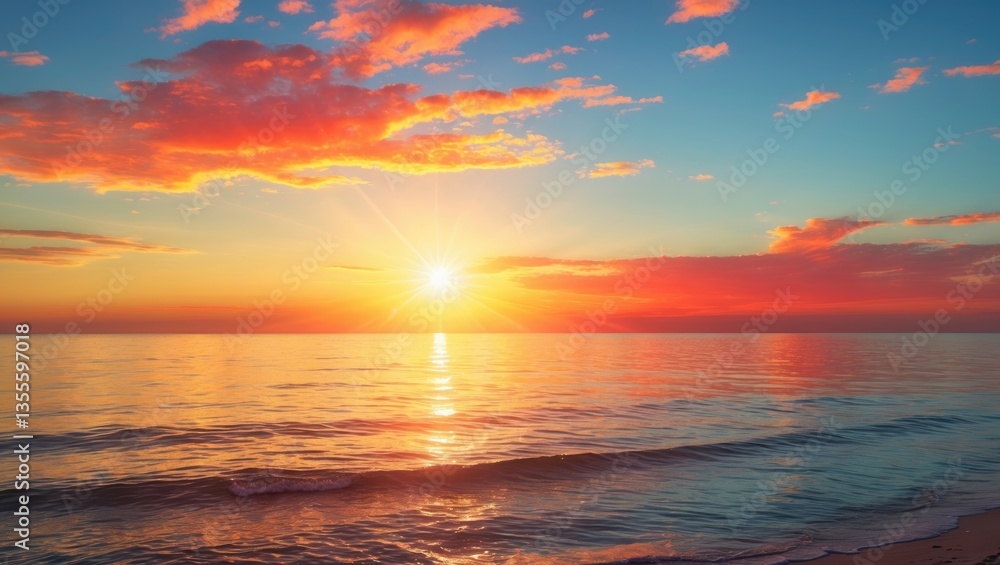 Obraz premium Beautiful red and orange sunrise above the ocean. Stunning seascape view, remarkable light of nature backdrop.