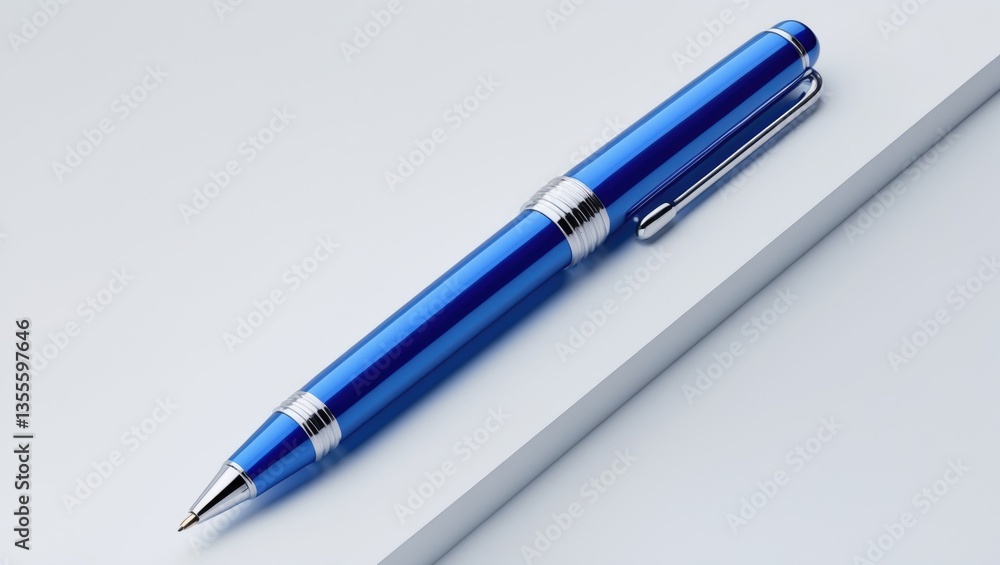 Blue ballpoint pen resting on a white surface. Blue ballpoint pen resting on a white surface.