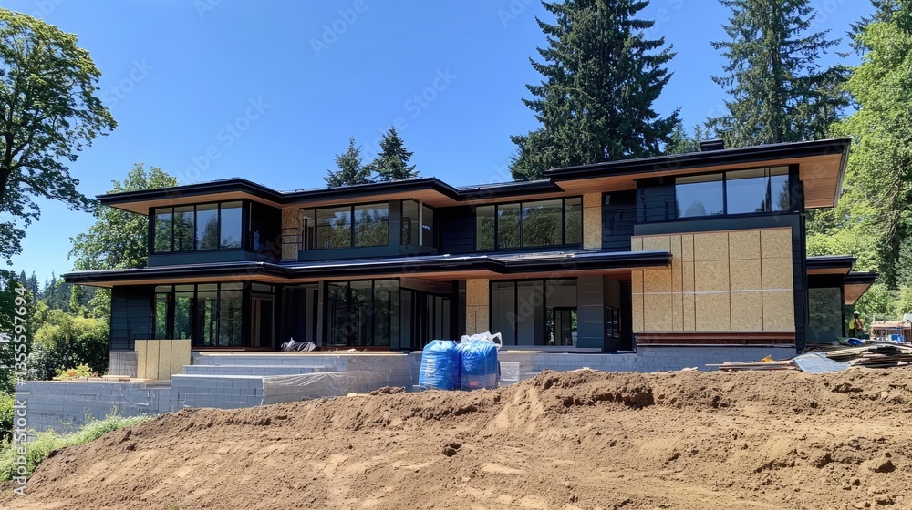 Insulation panels being installed on the exterior of a partially built modern home. Insulation panels being installed on the exterior of a partially built modern home.