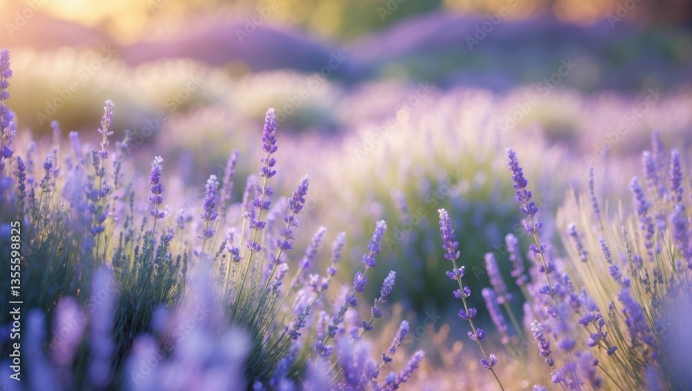 Fototapeta premium Blooming Lavender Flowers Field Wide-Angle View for Background, Banner. Gentle Selective Focus.