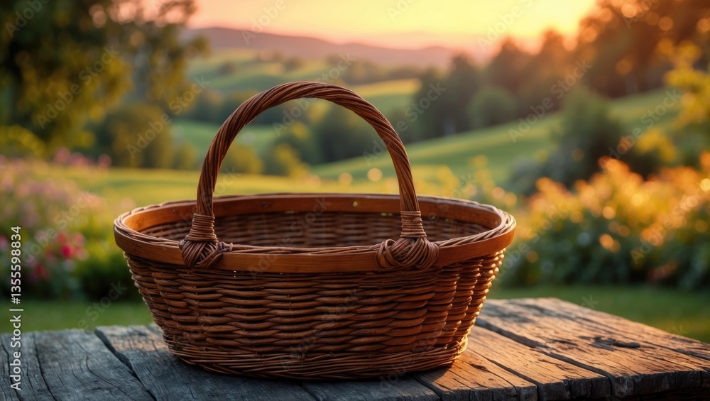 Brown empty wooden basket with a sunset background. Garden picnic time. Brown empty wooden basket with a sunset background. Garden picnic time.