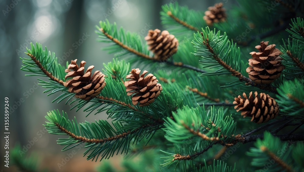 Blooming evergreen pine tree featuring pine cones Blooming evergreen pine tree featuring pine cones