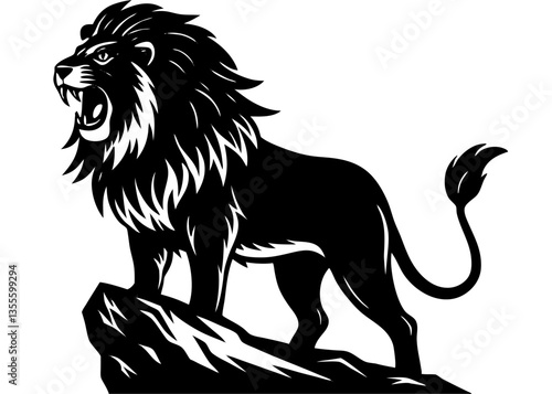 Majestic Lion on Rock: A formidable lion, depicted in striking monochrome, stands proudly atop a rugged rock, its powerful roar echoing through the landscape.