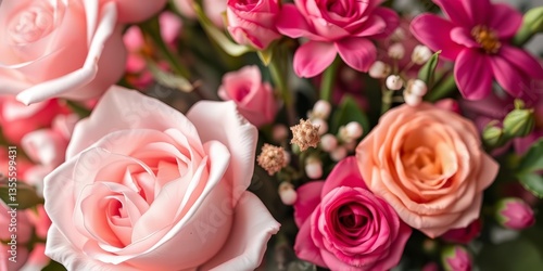Delicate light pink roses and vibrant blooms in a festive bouquet, shallow depth of field, floral design, celebration