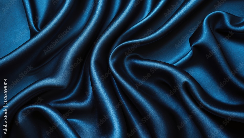 Fototapeta premium Black blue abstract background. Dark blue satin silk texture. Soft, wavy folds create an elegant fabric surface. Background with space for your design. Web banner.