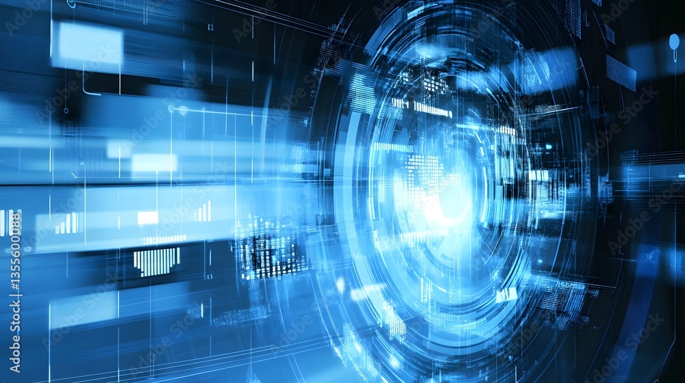 Obraz premium Futuristic display of glowing blue abstract data. Geometric shapes and circles layered