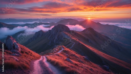 Stunning mountain hike during sunset or sunrise, warm tones