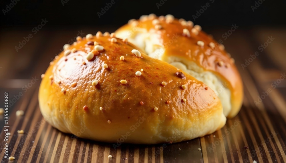 Golden brown artisan bun, crusty top, soft interior, baking, detail Golden brown artisan bun, crusty top, soft interior, baking, detail