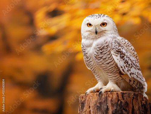 beautiful fluffy white owl perched on tree stump, surrounded by vibrant autumn foliage, exuding sense of calm and majesty