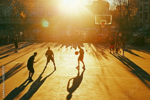 A group of players competes in a basketball match on an outdoor court as the sun sets, creating long shadows and a warm atmosphere Generative AI