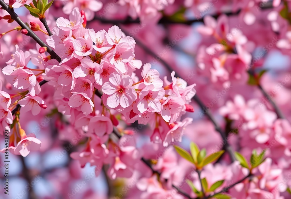 Delicate pink cherry blossoms in full bloom, forming a vibrant spring floral pattern, texture, blossom background Delicate pink cherry blossoms in full bloom, forming a vibrant spring floral pattern, texture, blossom background