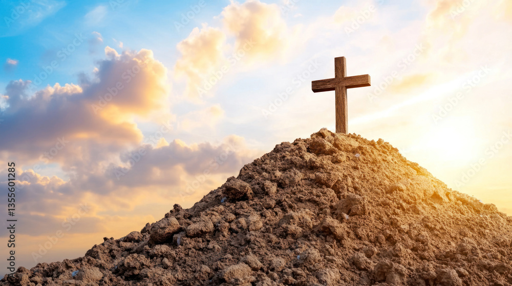 wooden cross stands atop mound of earth, symbolizing hope and resurrection against backdrop of vibrant sky filled with clouds wooden cross stands atop mound of earth, symbolizing hope and resurrection against backdrop of vibrant sky filled with clouds
