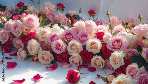 bed of roses, large assortment of vibrant flowers, buds, petals and leaves casually spread on a surface, set against a white background, love, design element