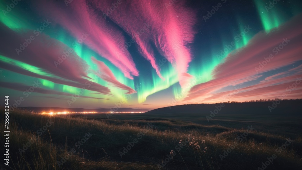 Obraz premium Aurora borealis lighting up the sky over a meadow.