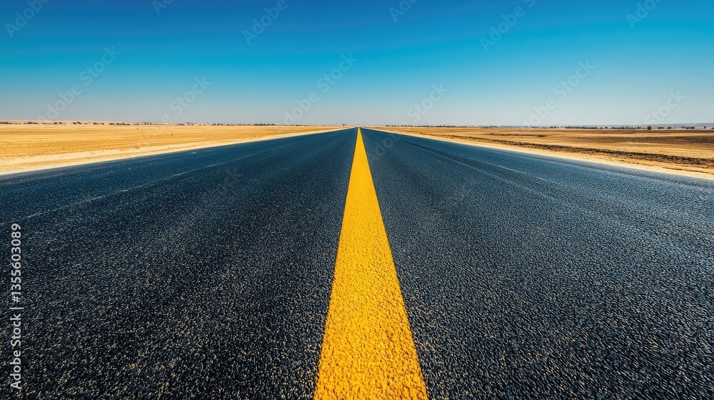 Naklejka premium Newly paved asphalt road stretching into the distance, marked with bright yellow dividing lines under a clear sky.