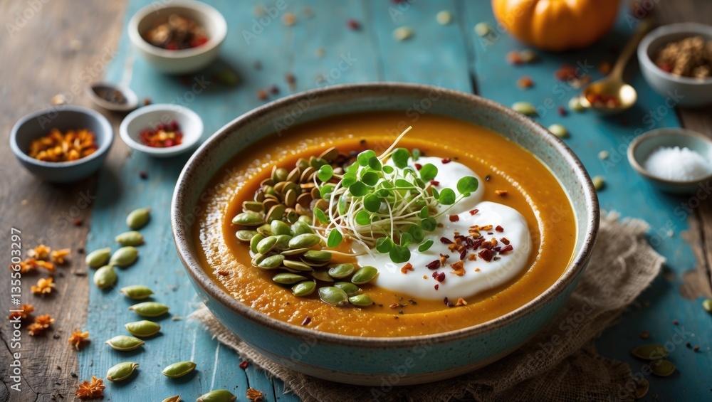 Autumn pumpkin puree soup topped with seeds, cream, and green pea sprouts. Healthy vegetarian slow comfort dish. Bowl of soup on a blue table backdrop. Aerial perspective. Autumn pumpkin puree soup topped with seeds, cream, and green pea sprouts. Healthy vegetarian slow comfort dish. Bowl of soup on a blue table backdrop. Aerial perspective.
