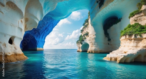 Fototapeta Naklejka Na Ścianę i Meble -  Stunning landscape. The Blue Cave features three remarkable sea caves that are interconnected. They derive their name from the array of blue shades and the translucent waters.
