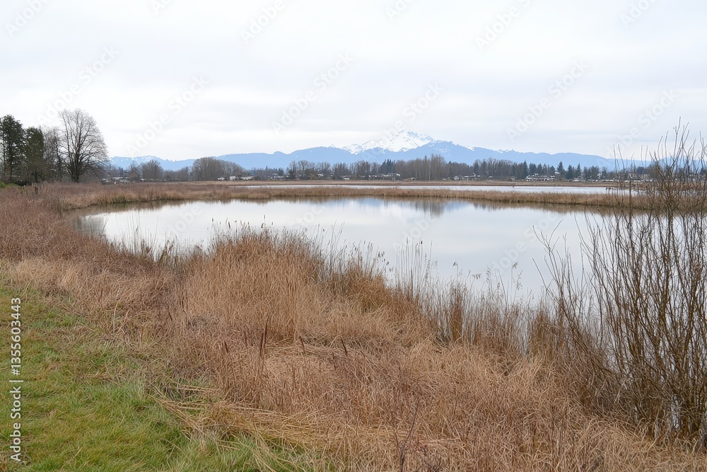 Serene marshland scenery, tall grass shore reflecting cloudy sky. Mountain range in background, nature's peaceful scene