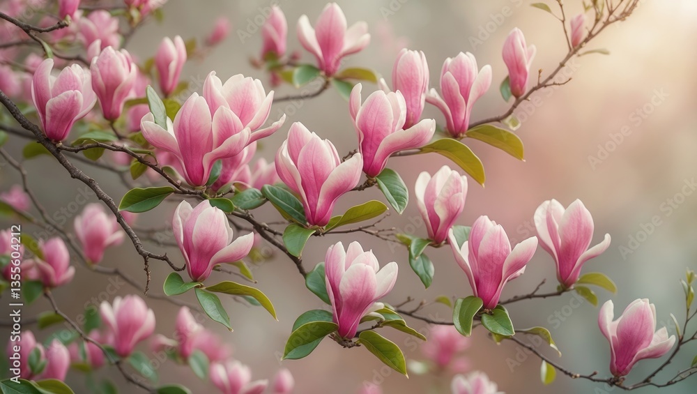 Obraz premium Blooming magnolia branches, colorful floral background in full blossom, filling the air with their sweet fragrance and evoking sensations of happiness and calmness.
