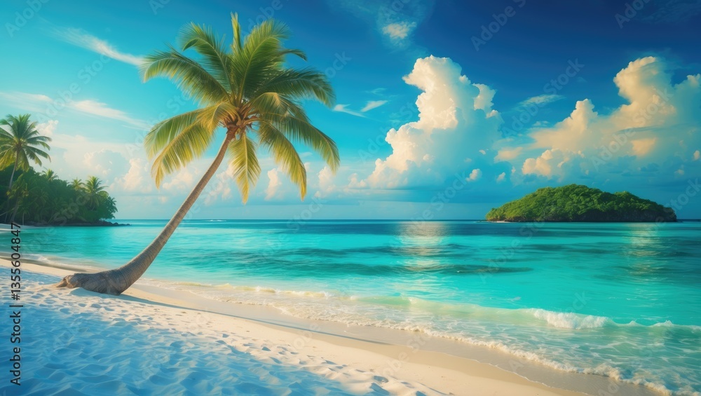 Stunning tropical beach featuring white sand, palm trees, turquoise ocean under a blue sky with clouds. Stunning tropical beach featuring white sand, palm trees, turquoise ocean under a blue sky with clouds.
