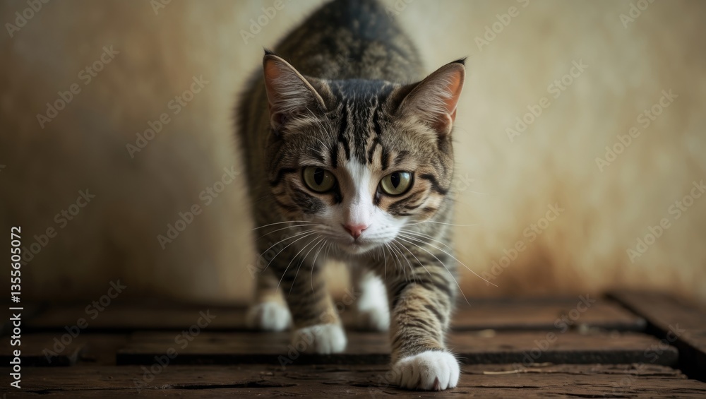 A vertical capture of a cute cat creeping along a wooden surface. A vertical capture of a cute cat creeping along a wooden surface.
