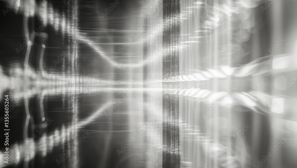Black and white grainy blurred texture wall featuring refraction. Abstract horizontal background of light and shadow smoke. Black and white grainy blurred texture wall featuring refraction. Abstract horizontal background of light and shadow smoke.