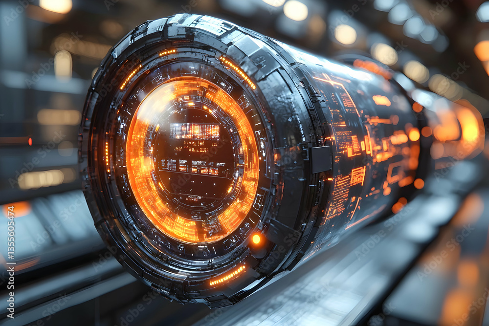 Futuristic cylindrical device with glowing orange lights likely used for advanced technology or data transfer. It could be a central hub or energy conduit. Futuristic cylindrical device with glowing orange lights likely used for advanced technology or data transfer. It could be a central hub or energy conduit.