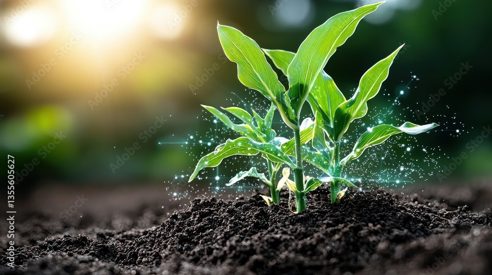 A delicate seedling emerges from the rich moist soil surrounded by lush green leaves and the promise of future growth and renewal A delicate seedling emerges from the rich moist soil surrounded by lush green leaves and the promise of future growth and renewal