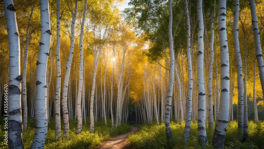 Obraz premium Birch trees illuminated by bright sunlight