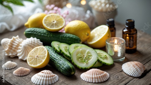 A table featuring various natural remedies utilized in skincare and holistic wellness treatments.