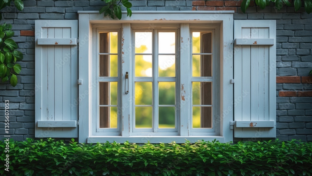 American casement windows on the gray brick wall alongside a green hedge. American casement windows on the gray brick wall alongside a green hedge.