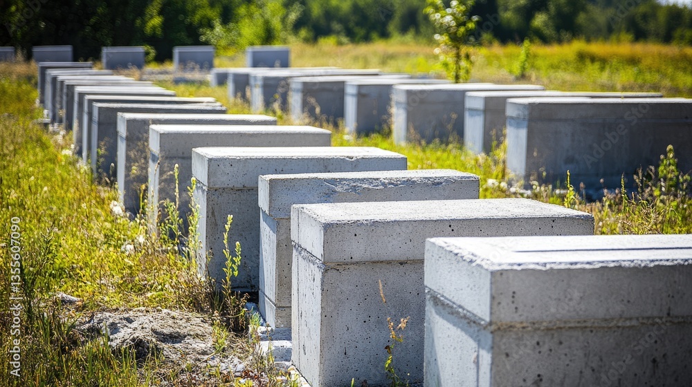 Fototapeta premium Rows of hollow concrete blocks arranged in an open field, emphasizing their role in structural walls and load-bearing designs.