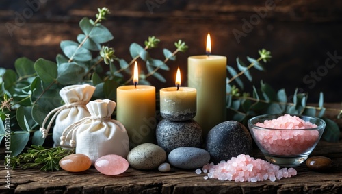 Aromatherapy. Scented candles, eucalyptus branches, and spa products arranged on a wooden surface.