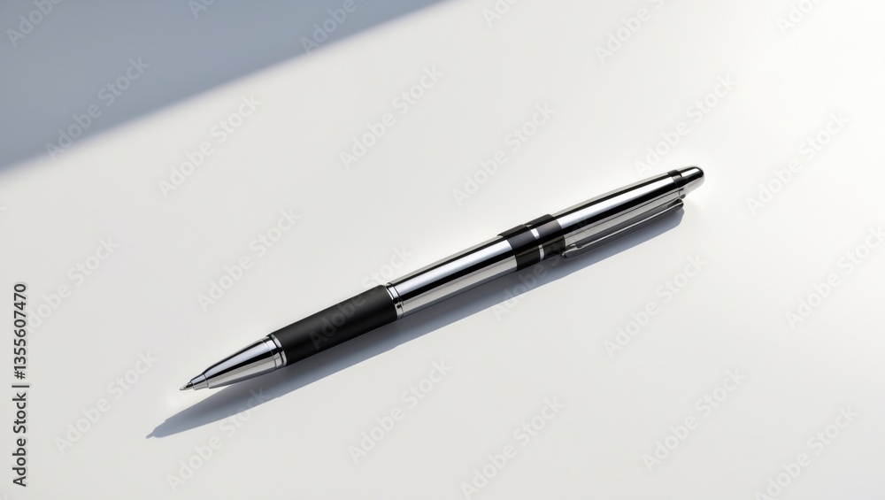 A stylish traditional ballpoint pen featuring a black grip and silver body rests on a clean white surface.