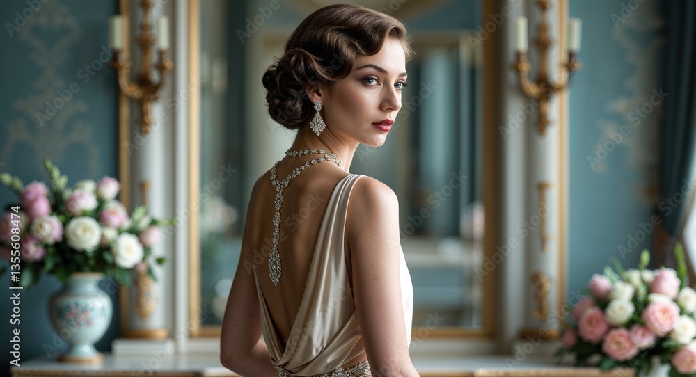 Elegant 20s woman in backless silk dress with diamond bracelet refined beauty photography model