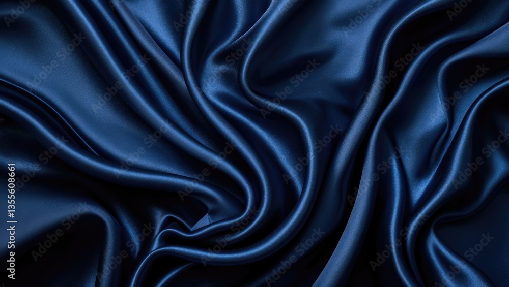 Obraz premium Black dark navy blue silk satin material. Soft folds. Luxurious elegant backdrop for design. Wavy lines. Beautiful.