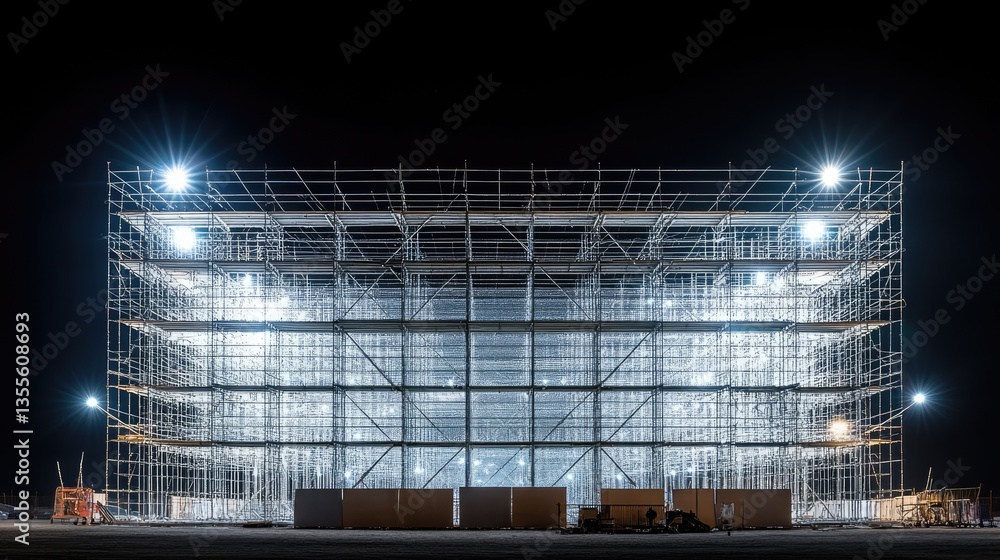Scaffolding illuminated by construction site floodlights at night. Scaffolding illuminated by construction site floodlights at night.