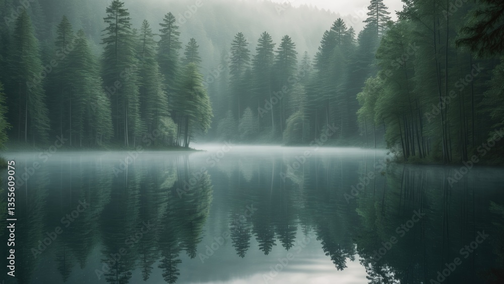 Fototapeta premium An enchanting landscape of pine trees mirrored in a stunning lake.
