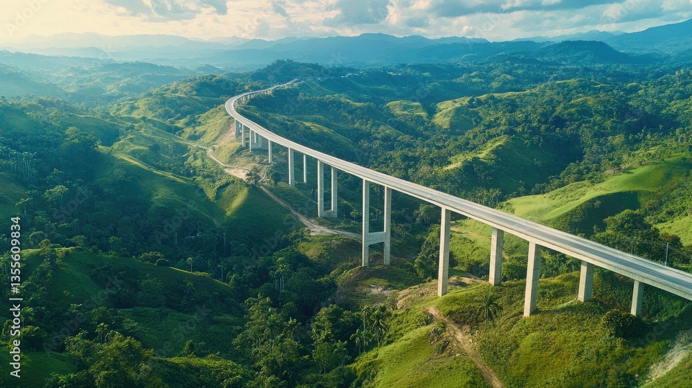 Scenic elevated road with steel guardrails curving through a lush green valley, blending nature and engineering. Scenic elevated road with steel guardrails curving through a lush green valley, blending nature and engineering.