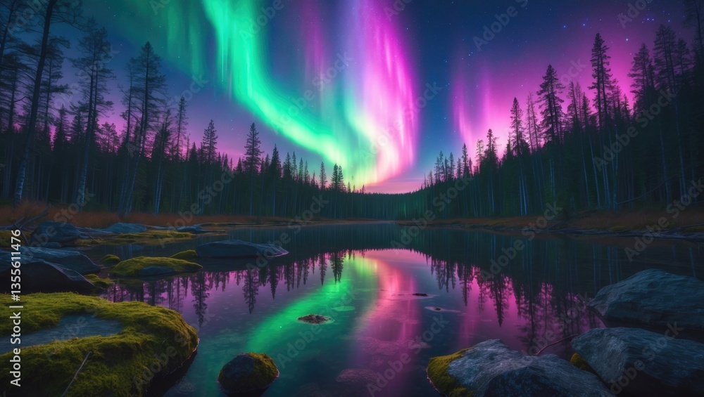 Fototapeta premium A captivating display of the northern lights in shades of green, pink, and purple, mirrored over a tranquil lake with a silhouetted forest. A stunning celestial phenomenon.