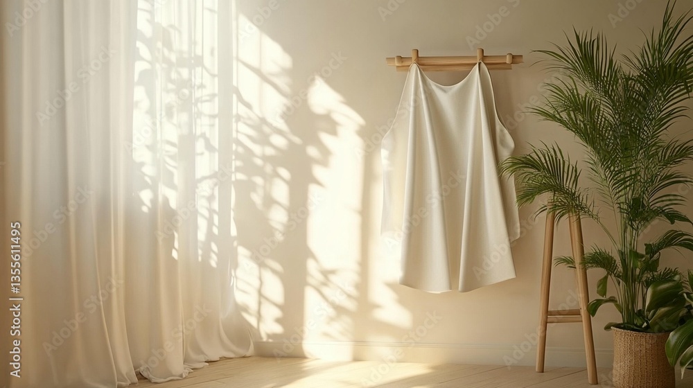 Sunlight streams through sheer curtains illuminating a white dress hanging on a wall next to a potted plant. Sunlight streams through sheer curtains illuminating a white dress hanging on a wall next to a potted plant.