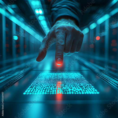 Wallpaper Mural A hand touches a glowing interface in a futuristic data center. This image evokes technology innovation and digital control. Possible use: tech website hero image. Torontodigital.ca