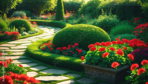 A beautifully designed garden showcases a winding stone path surrounded by vibrant flowers and lush greenery.