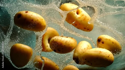 A dynamic shot of potatoes submerged in water with splashes and a beautiful lighting.