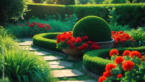 A beautifully designed garden showcases a meandering stone path lined with vibrant flowers and lush greenery.